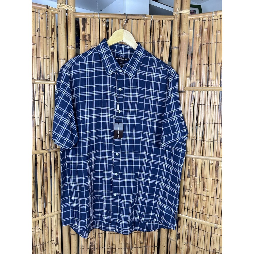NWT Michael Kors Navy Blue‎ White Short Sleeve Linen Tencel Button Down XL
